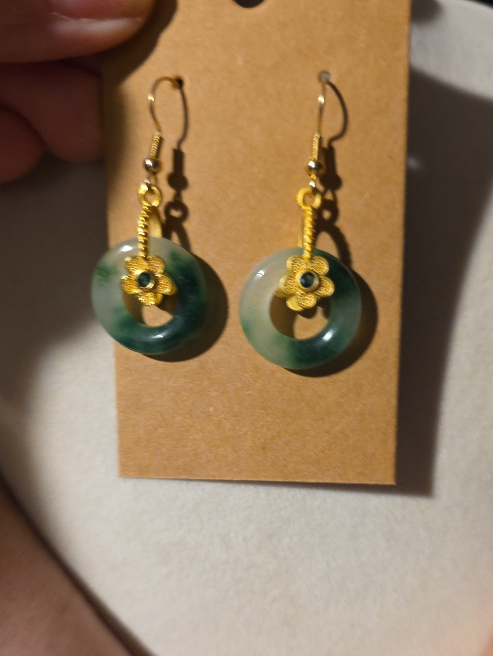 Green Jade- Gold Flower Drop Earrings - Women Jewelry